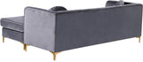 Eliana Grey Velvet Reversible Sectional Sofa with Gold & Chrome Legs, Plush Upholstery & Pillows