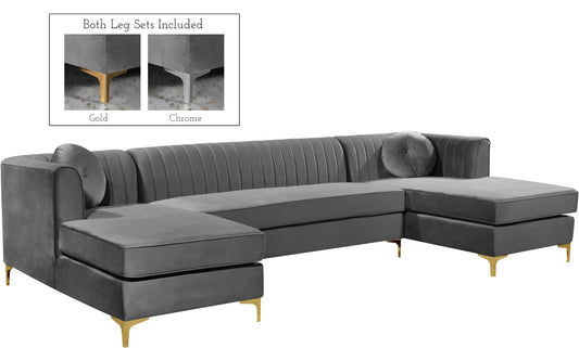 Graham Three-Piece Sectional Sofa with Channel Tufted Back and Customizable Gold & Chrome Legs
