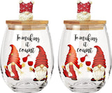 Christmas Gnome Wine & Water Glasses With Dwarf Wood Cover - Set of 2-17.5oz