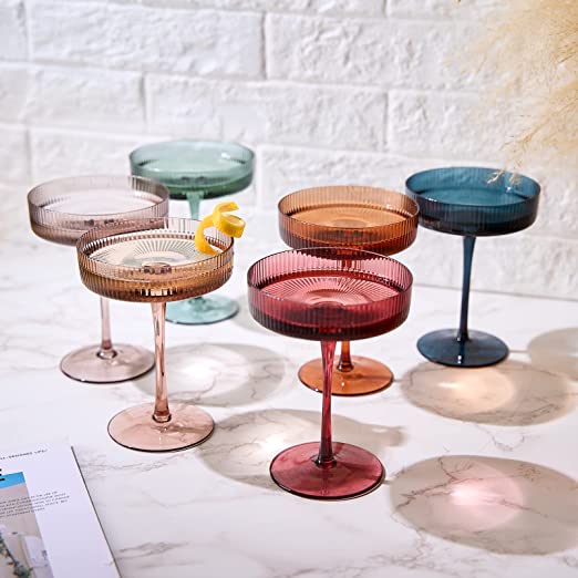 Vintage Art Deco Coupe Glasses Ribbed Coupe Cocktail Glasses 7 oz | Set of 6