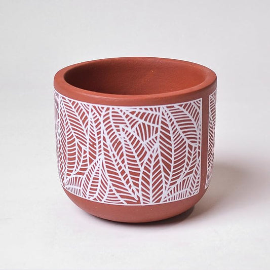 4-Inch Terracotta Planter with White Leaf Design – Boho Pot