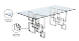 Alexis Modern Chrome Dining Table with Geometric Base & Clear Glass Top for Elegant Spaces