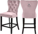 Nikki Luxurious Black Velvet Counter Stool Set of 2 - Tufted Design with Chrome Nailheads & Sturdy Legs