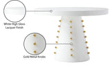 Scarpa Round White Lacquer Dining Table with Gold Knobs - Contemporary High Gloss Style, 47.5"