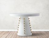 Scarpa Round White Lacquer Dining Table with Gold Knobs - Contemporary High Gloss Style, 47.5"