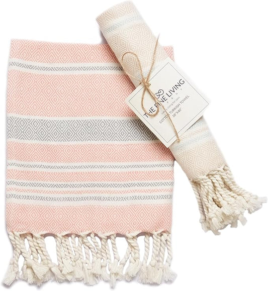 Beige & Red Turkish Cotton Towels Set of 2, 18"x40"