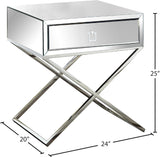 Lynn Mirrored Contemporary Side Table with Chrome Base, Modern X-Leg Design & Storage Drawer