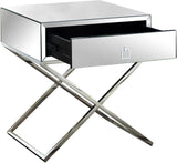 Lynn Mirrored Contemporary Side Table with Chrome Base, Modern X-Leg Design & Storage Drawer