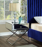 Lynn Mirrored Contemporary Side Table with Chrome Base, Modern X-Leg Design & Storage Drawer