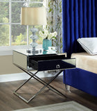 Lynn Mirrored Contemporary Side Table with Chrome Base, Modern X-Leg Design & Storage Drawer