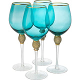 Large Diamond Wine Glasses, 10" H Gold Rim (4, Blue)