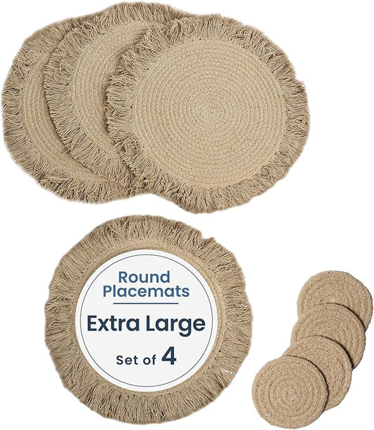 Beige Braided Cotton Placemats with Fringes – Set of 4