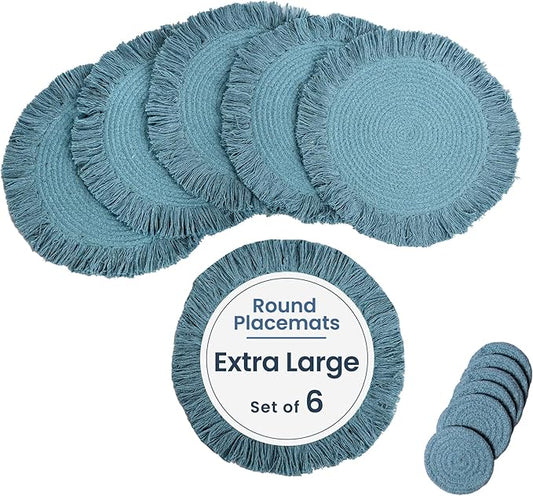 Blue Braided Cotton Placemats Set of 6 with Fringes