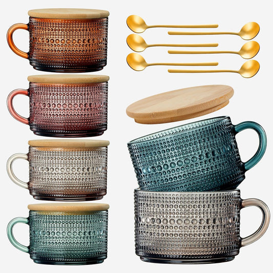 Vintage Colored Glass Coffee Mugs Set With Handles | Set of 6 | 15oz