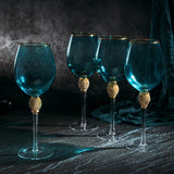Large Diamond Wine Glasses, 10" H Gold Rim (4, Blue)