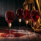 Large Diamond Wine Glasses, 10" H Gold Rim Rhinestone (4, Red)