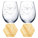 Set of 2 Zodiac Sign Wine Glasses with 2 Wooden Coasters (Capricorn)