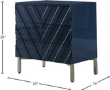 Collette Contemporary Side Table - Navy Blue Lacquer, Chrome Base & Chevron Design for Modern Style
