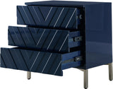 Collette Contemporary Side Table - Navy Blue Lacquer, Chrome Base & Chevron Design for Modern Style