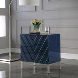 Collette Contemporary Side Table - Navy Blue Lacquer, Chrome Base & Chevron Design for Modern Style