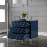 Collette Contemporary Side Table - Navy Blue Lacquer, Chrome Base & Chevron Design for Modern Style