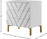 Collette Contemporary Side Table with Chevron Design, White Lacquer Finish & Gold Stainless Steel Base