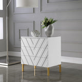 Collette Contemporary Side Table with Chevron Design, White Lacquer Finish & Gold Stainless Steel Base