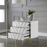 Collette Contemporary Side Table with Chevron Design, White Lacquer Finish & Gold Stainless Steel Base