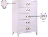 Bowtie Contemporary Chest with Five Drawers, Elegant Rubberwood Design and Chic Gold Handles