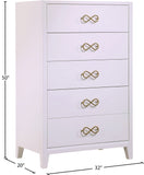 Bowtie Contemporary Chest with Five Drawers, Elegant Rubberwood Design and Chic Gold Handles
