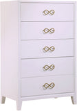 Bowtie Contemporary Chest with Five Drawers, Elegant Rubberwood Design and Chic Gold Handles