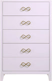Bowtie Contemporary Chest with Five Drawers, Elegant Rubberwood Design and Chic Gold Handles
