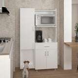 Pantress Complete Pete Kitchen Pantry and Microwave Cabinet with Three Side Storage Shelves, Built-In Pet Station, Compact Countertop, One Drawer, One Small Cabinet and, One Open Shelf