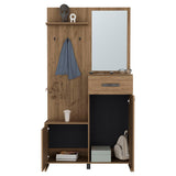 Parker 75" Tall Mirrored Hall Tree with Three Shelves, Two Storage Cabinets, One Drawer & Coat Hangers, Entryway Storage Organizer and Console Table for Living Room or Foyer