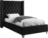 Aiden Velvet Bed - Elegant Wing Design with Deep Tufting, Chrome Nailheads & Solid Wood Frame