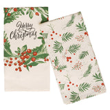 Printed Cotton Kitchen Towels Set of 2 – Poinsettia, Green & White