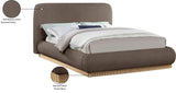 Rigby Art Deco King Bed in Rich Brown Linen Fabric with Fully Slatted Design and Natural Finish