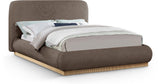 Rigby Art Deco King Bed in Rich Brown Linen Fabric with Fully Slatted Design and Natural Finish