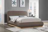 Rigby Art Deco King Bed in Rich Brown Linen Fabric with Fully Slatted Design and Natural Finish
