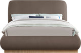 Rigby Art Deco King Bed in Rich Brown Linen Fabric with Fully Slatted Design and Natural Finish