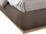 Rigby Art Deco King Bed in Rich Brown Linen Fabric with Fully Slatted Design and Natural Finish