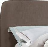 Rigby Art Deco King Bed in Rich Brown Linen Fabric with Fully Slatted Design and Natural Finish