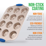 12 Cup Muffin Pan - Deluxe Nonstick Gold Coating Inside & Outside With Blue Silicone Handles,  Compatible With Models: Ncsbsg78, Ncsbsg60, Ncsbsg36 (Gold)