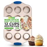12 Cup Muffin Pan - Deluxe Nonstick Gold Coating Inside & Outside With Blue Silicone Handles,  Compatible With Models: Ncsbsg78, Ncsbsg60, Ncsbsg36 (Gold)