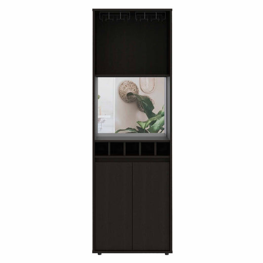 Tuhome Prana Bar Cabinet with Two Shelves, Five Built-In Wine Rack, Double Door Cabinet, Light Oak Finish for Living Room or Home Bar