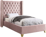 Barolo Luxurious Velvet Wing Bed with Tufted Design and Gold Nailhead Accents for Elegant Bedrooms
