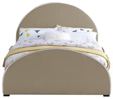 Brody Contemporary Velvet Bed with Cream Piping and Espresso Wood Legs for a Cozy Bedroom Retreat