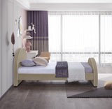 Brody Contemporary Velvet Bed with Cream Piping and Espresso Wood Legs for a Cozy Bedroom Retreat