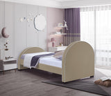 Brody Contemporary Velvet Bed with Cream Piping and Espresso Wood Legs for a Cozy Bedroom Retreat