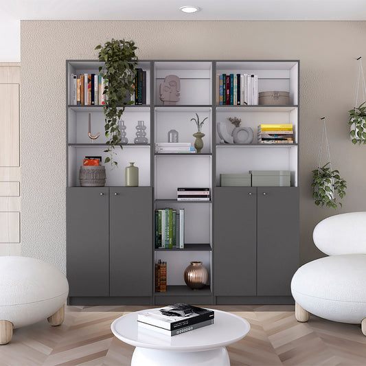 Acres 3 Piece Living Room Set with Home Xs Bookcase & 2 Home 2-Door Bookcases, Matt Gray / White, Modern Storage for Living Room, Office, Bedroom, and Small Spaces